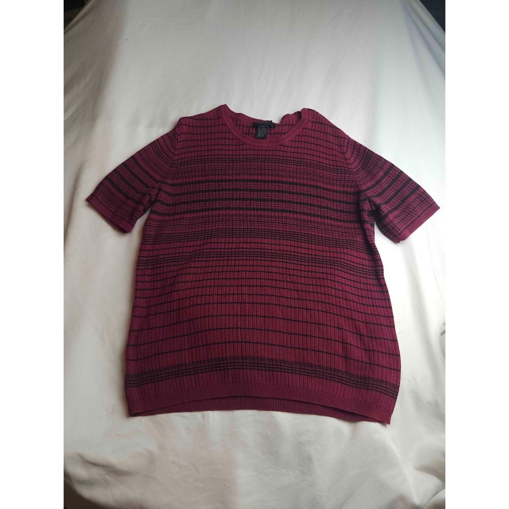 Vintage Laura Scott Sweater Womens 16-18W Burgundy Black Striped Knit Crew Neck